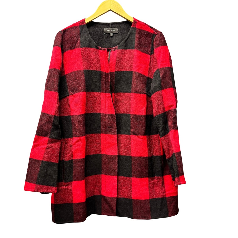 Talbots Coat Womens Large Buffalo Plaid Red Black Wool Blend Full Zip Jacket